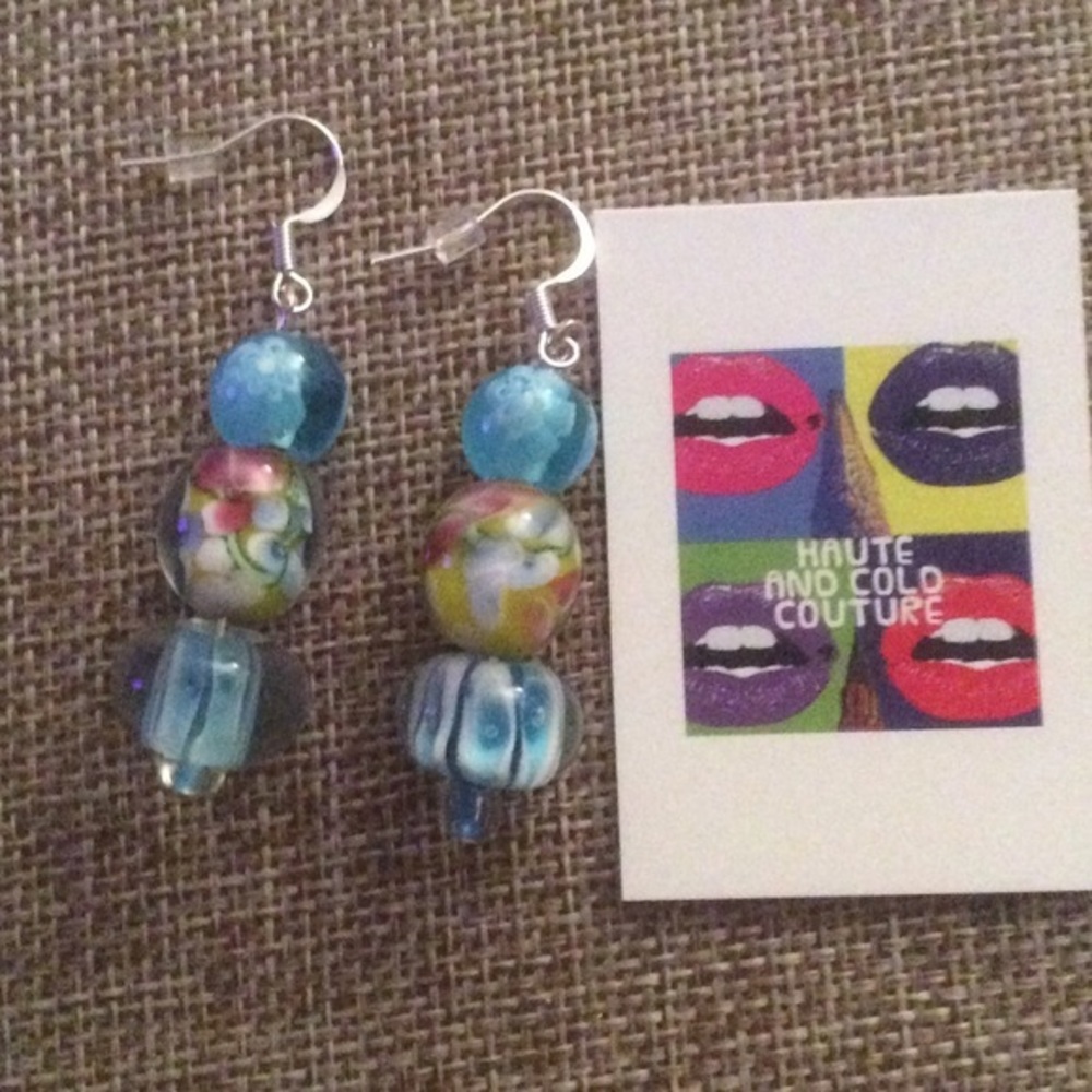 NEW Handmade 3 Pattern Blue Glass Pierced Earrings